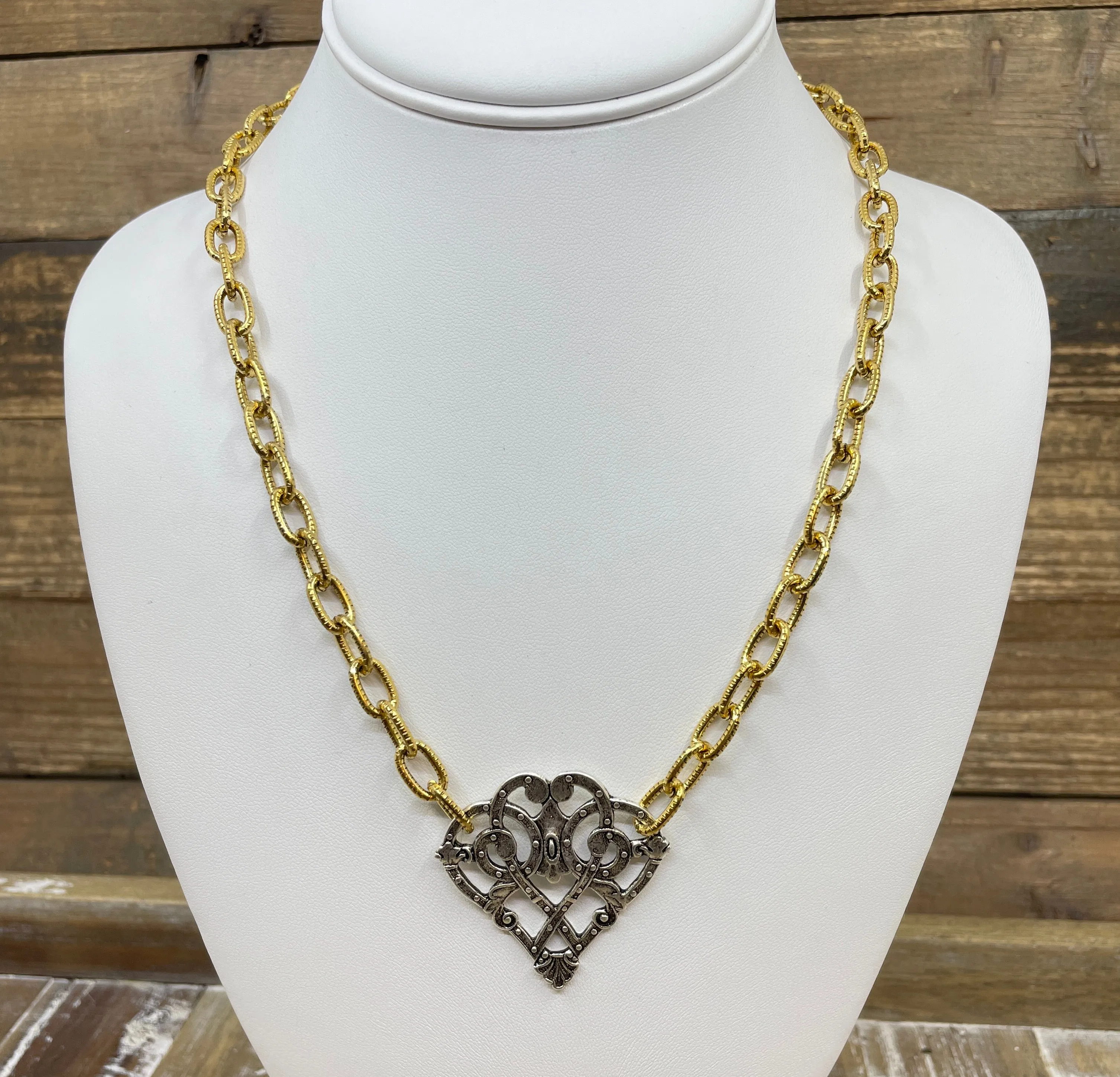 Mixed Metal Sterling and Gold Plated 18" Chain with Vintage Reproduction Scroll Heart