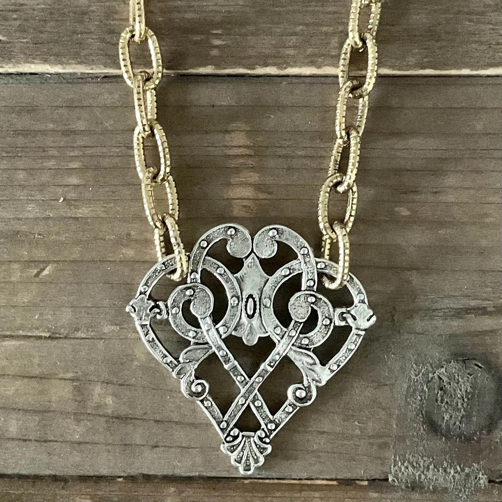Mixed Metal Sterling and Gold Plated 18" Chain with Vintage Reproduction Scroll Heart