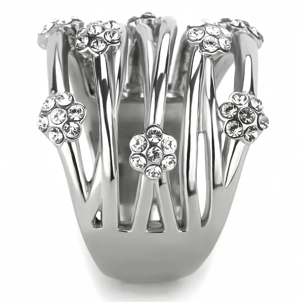 MT 2731 Modern Style High polished Stainless Steel Clear Crystals in Flower Design April Birthstone newest
