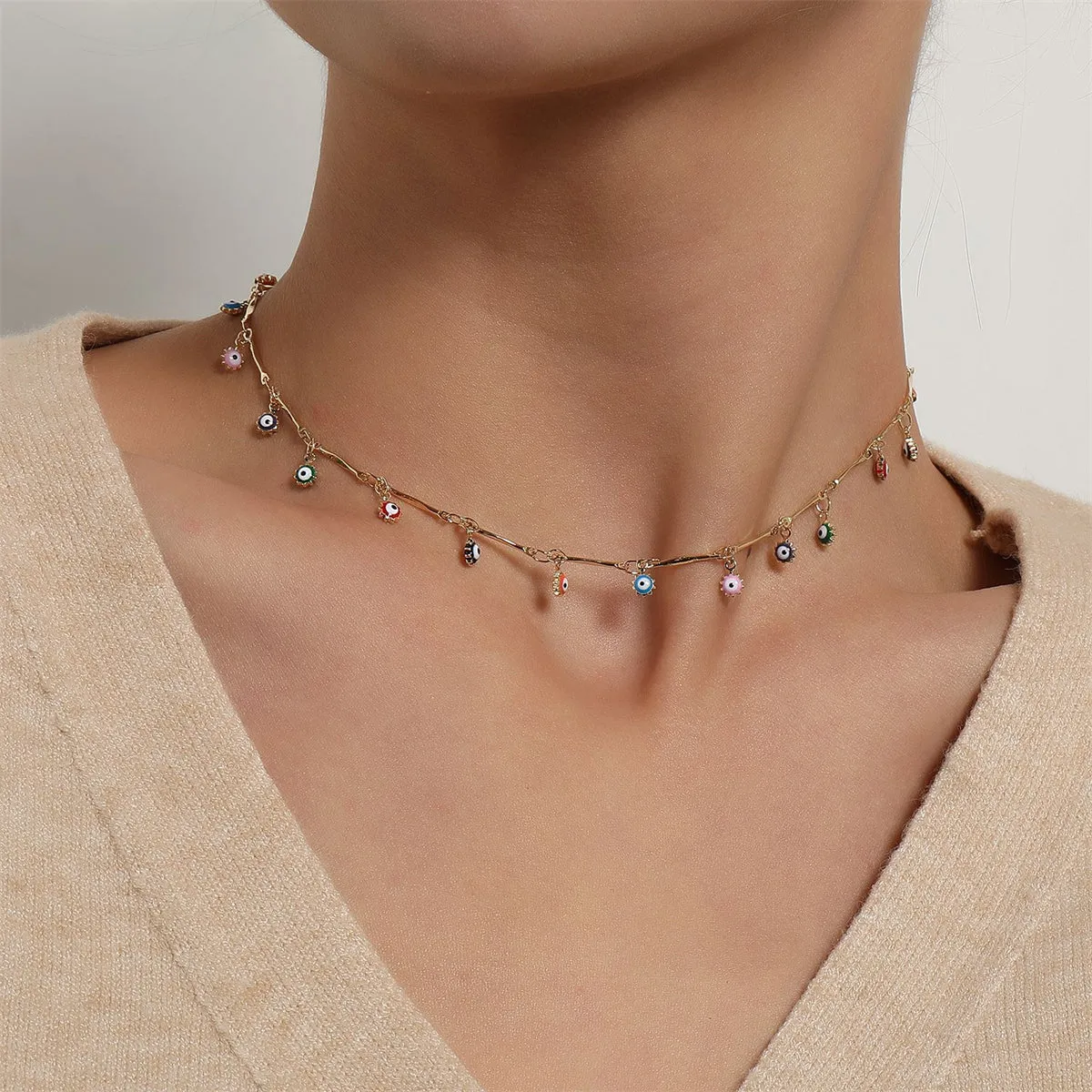 Multicolor Enamel & 18K Gold-Plated Evil Eye Station Choker Necklace