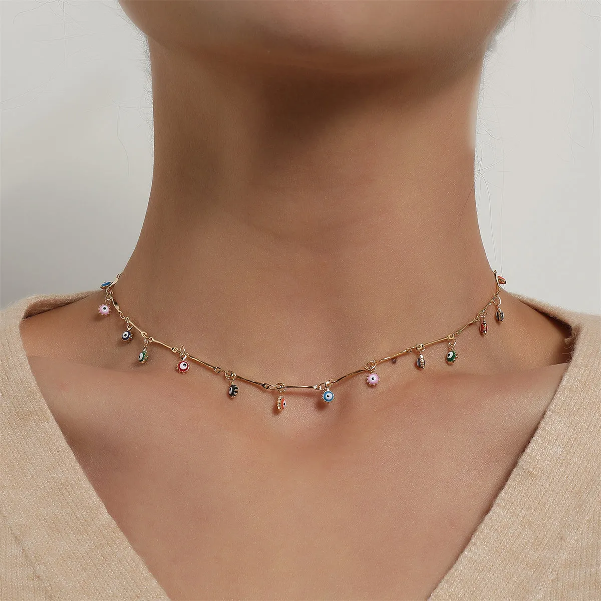 Multicolor Enamel & 18K Gold-Plated Evil Eye Station Choker Necklace