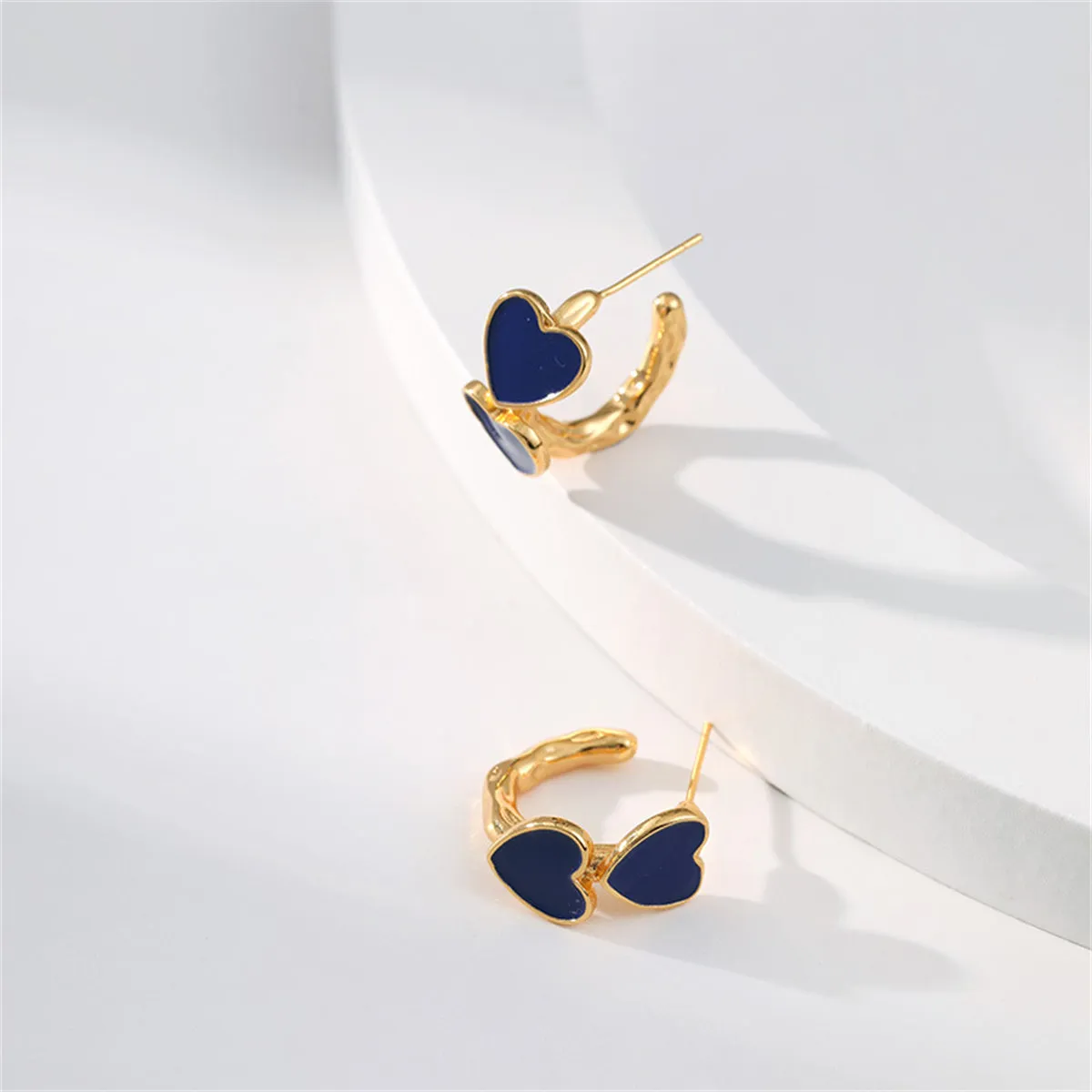 Navy Enamel & 18K Gold-Plated Heart Huggie Earrings