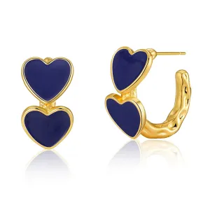 Navy Enamel & 18K Gold-Plated Heart Huggie Earrings