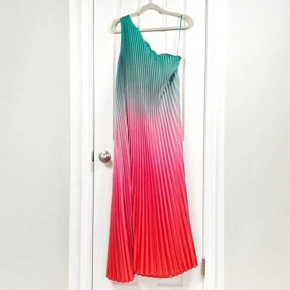 Nicole Miller Size Large Green Pink Red Ombré Pleated One Shoulder Maxi …