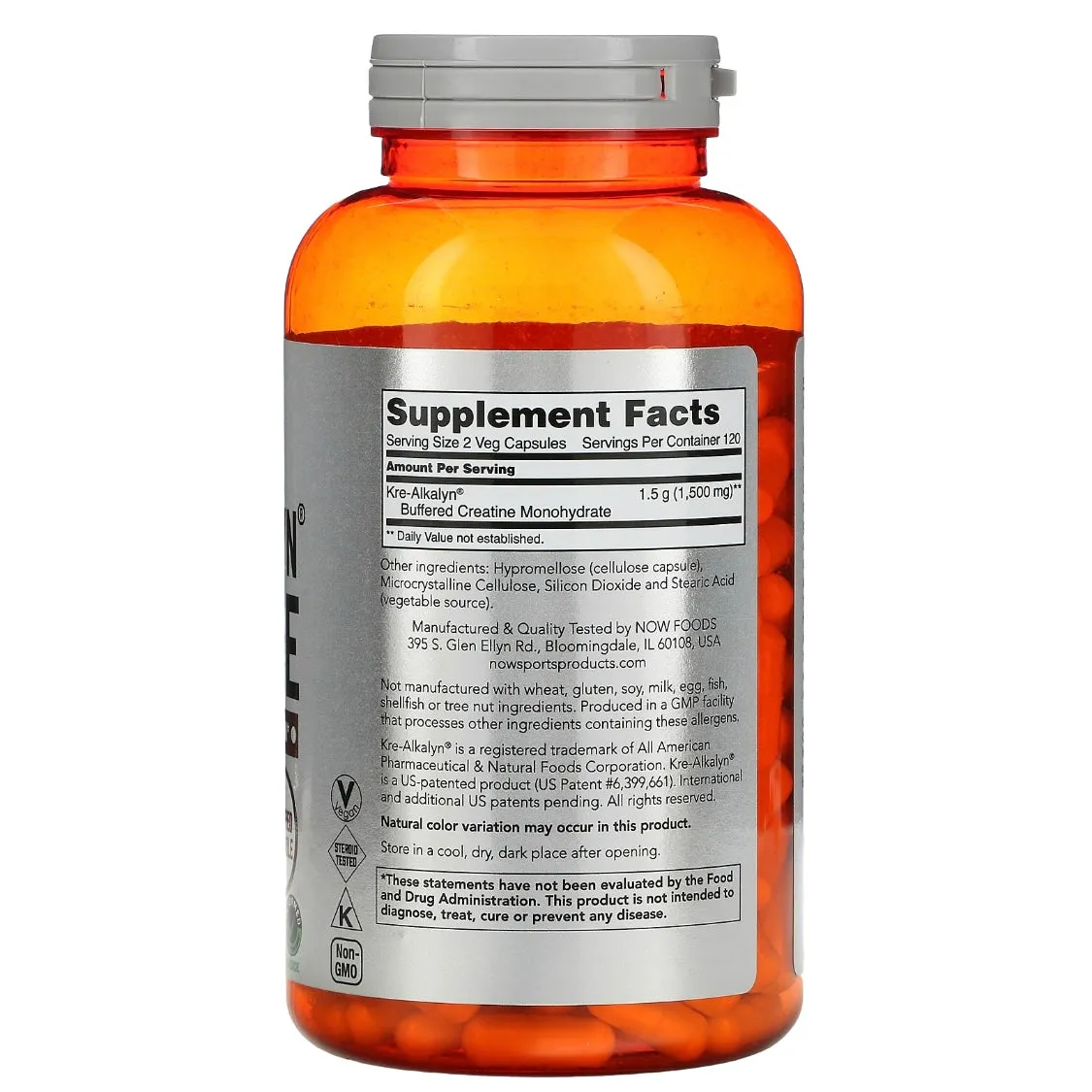 NOW Foods Sports Kre-Alkalyn Creatine, 750 mg 240 Veg Capsules Exp Jul 2027