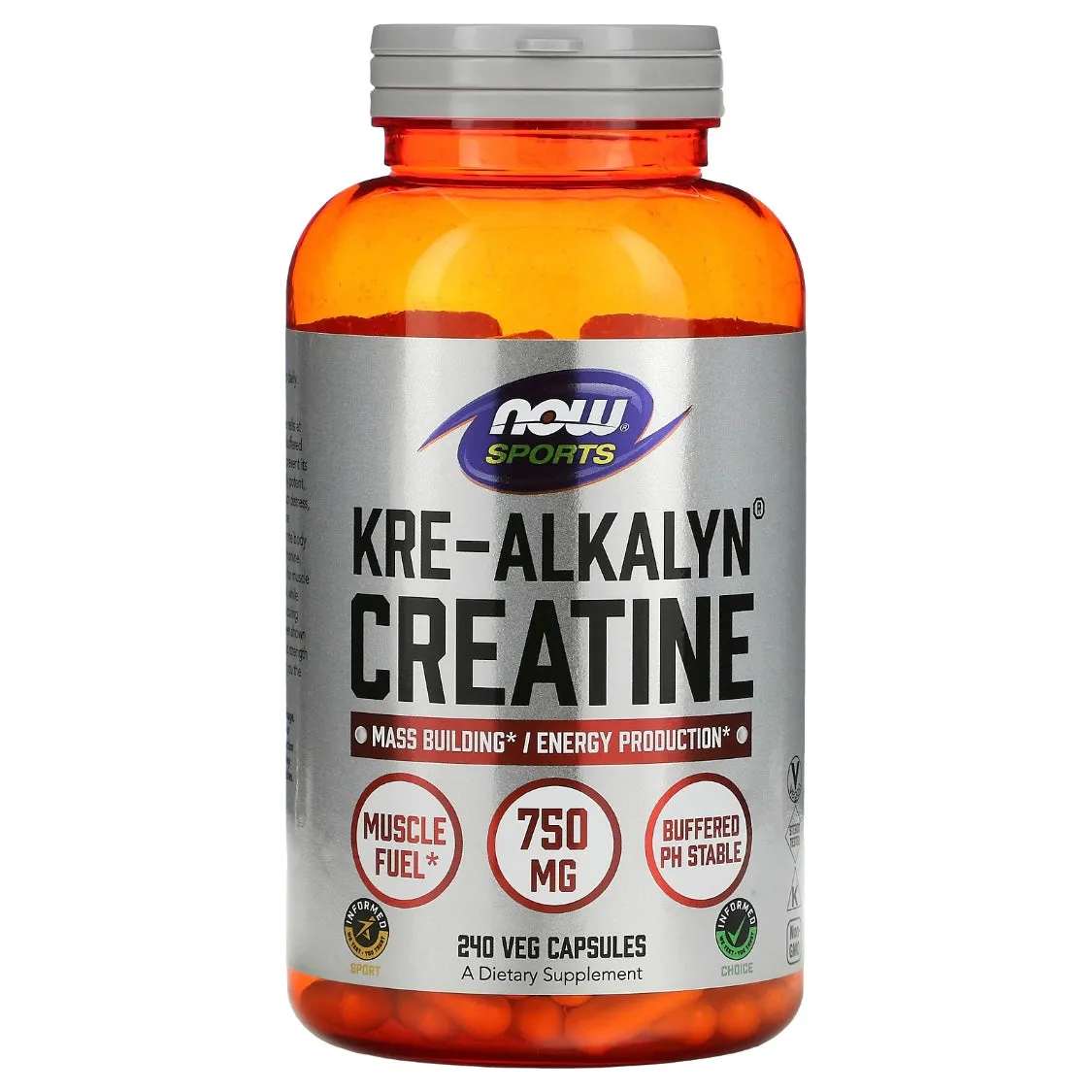 NOW Foods Sports Kre-Alkalyn Creatine, 750 mg 240 Veg Capsules Exp Jul 2027