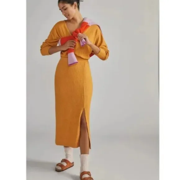 NWT Anthropologie Daily Practice Barre Midi Dress Honey Yellow Womens Medium