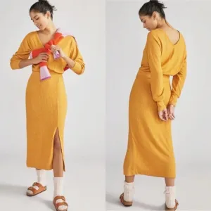 NWT Anthropologie Daily Practice Barre Midi Dress Honey Yellow Womens Medium