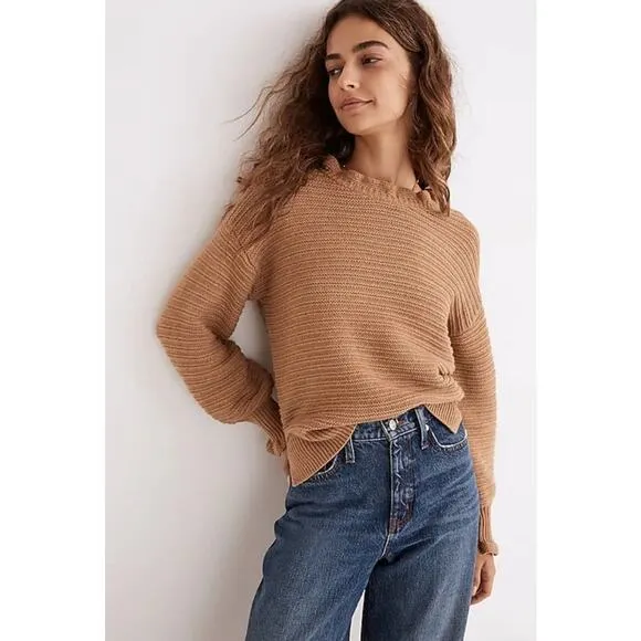 NWT Madewell Ruffle-Neck Pullover Sweater in Cotton-Merino Yarn Plum XS