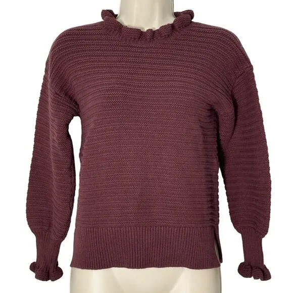 NWT Madewell Ruffle-Neck Pullover Sweater in Cotton-Merino Yarn Plum XS