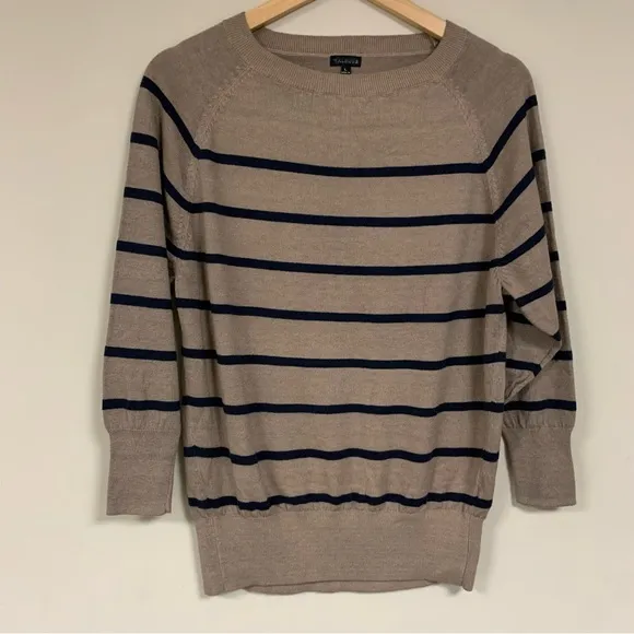 NWT TALBOTS Sweater Women's Large Tan Black Striped Wool Blend Knit Pullover Top