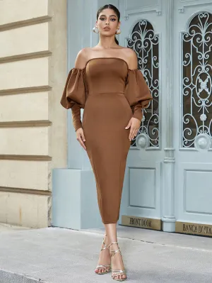 Off Shoulder Pure Color Midi Bodycon Dress HB10049