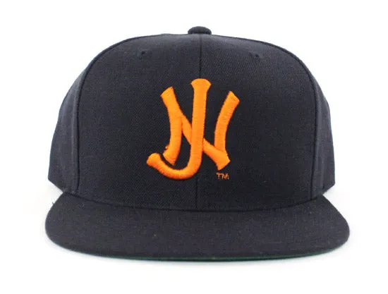 Old School NJ Snapback Hat (MLB New York Giants Color Way Navy Orange Green Under brim)