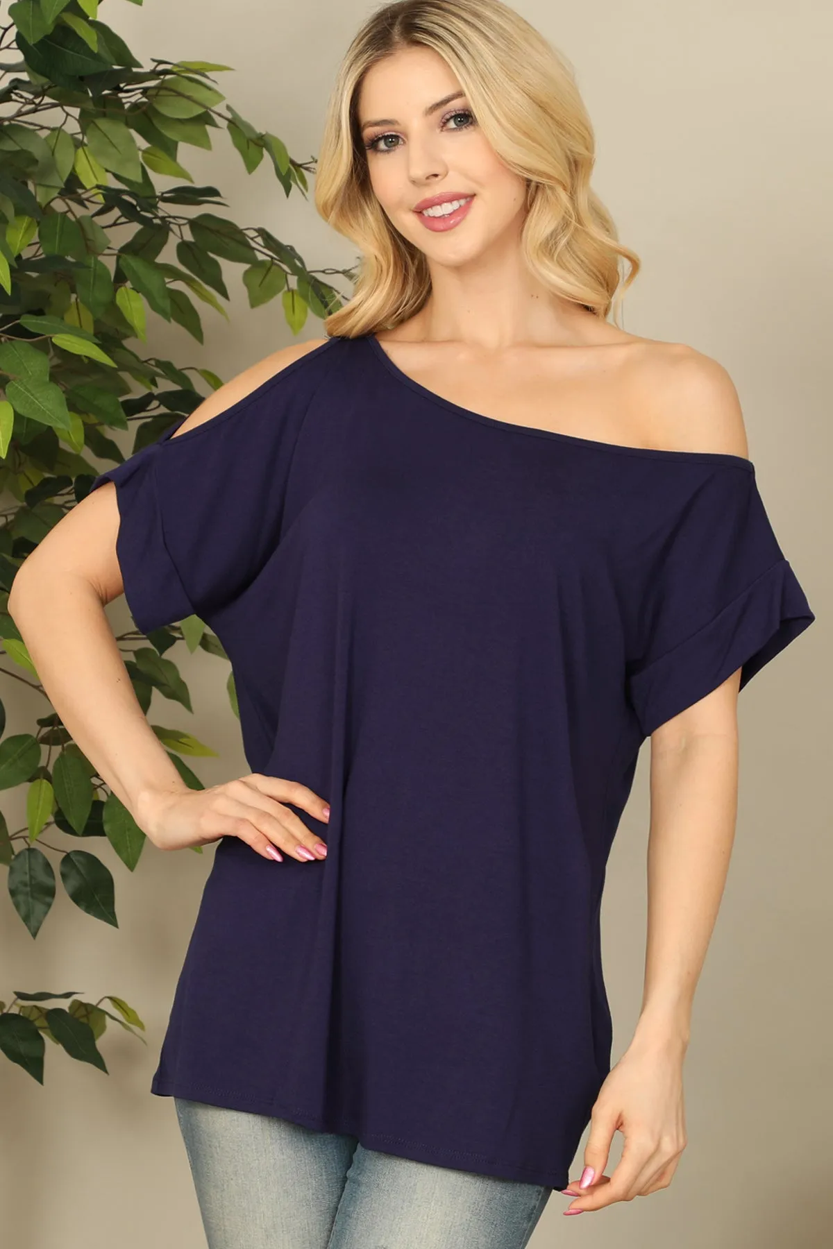 One Side Cold Shoulder Solid Top