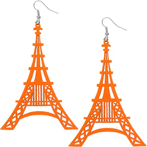 Orange Wooden Paris Eiffel Tower Dangle Earrings