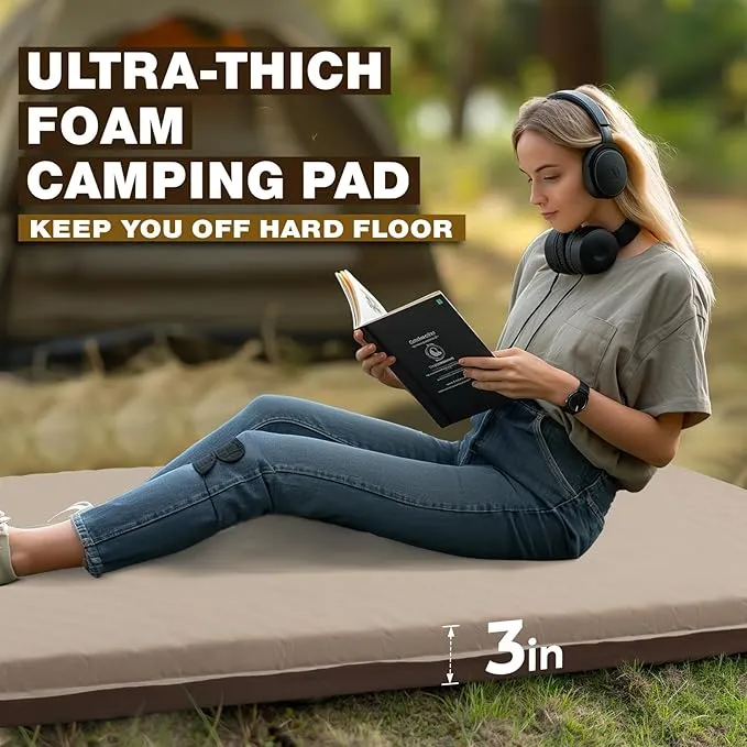 Overmont Self-Inflating Sleeping Pad - 3”Thick Memory Foam Camping Pad - Inflatable Camping Mattress Pad Sleeping Mat for Car Truck Travel Tent - 4 Season Durable Comfortable