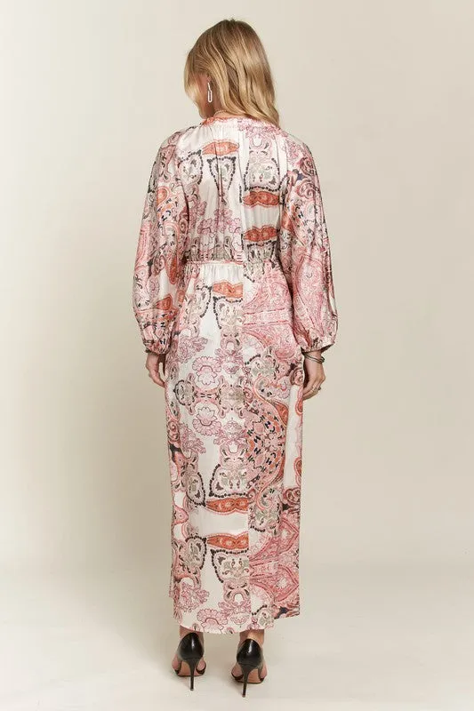 Pale Blush Printed V-Neck Batwing Sleeve Dress