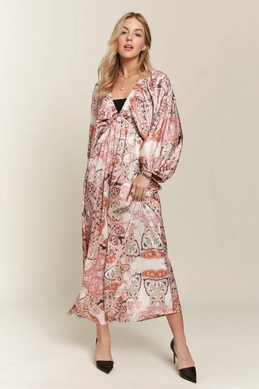 Pale Blush Printed V-Neck Batwing Sleeve Dress