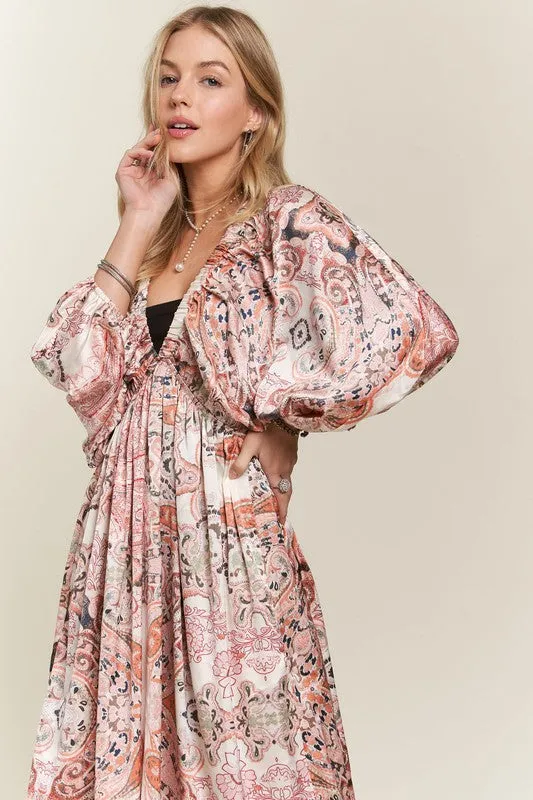 Pale Blush Printed V-Neck Batwing Sleeve Dress