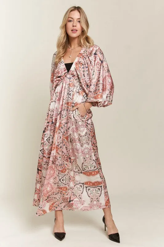 Pale Blush Printed V-Neck Batwing Sleeve Dress