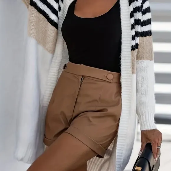 PASSION Casual Open Front Long Sleeve Color Block Mid Length Knit Cardigan