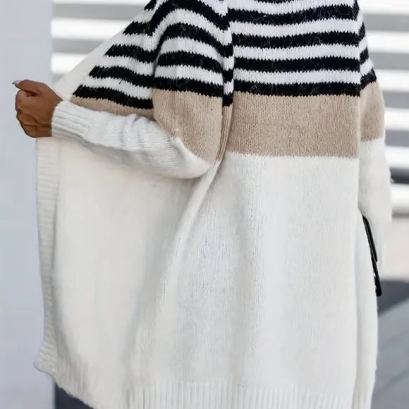 PASSION Casual Open Front Long Sleeve Color Block Mid Length Knit Cardigan