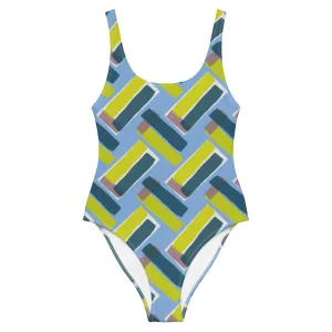 Patterned One-Piece Swimsuit | Blue Retro Style | Diagonal Rhythm
