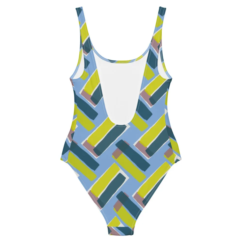 Patterned One-Piece Swimsuit | Blue Retro Style | Diagonal Rhythm