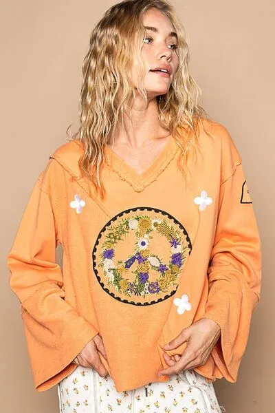 Peace Out Baby Sherbet Embroidered V-Neck Top