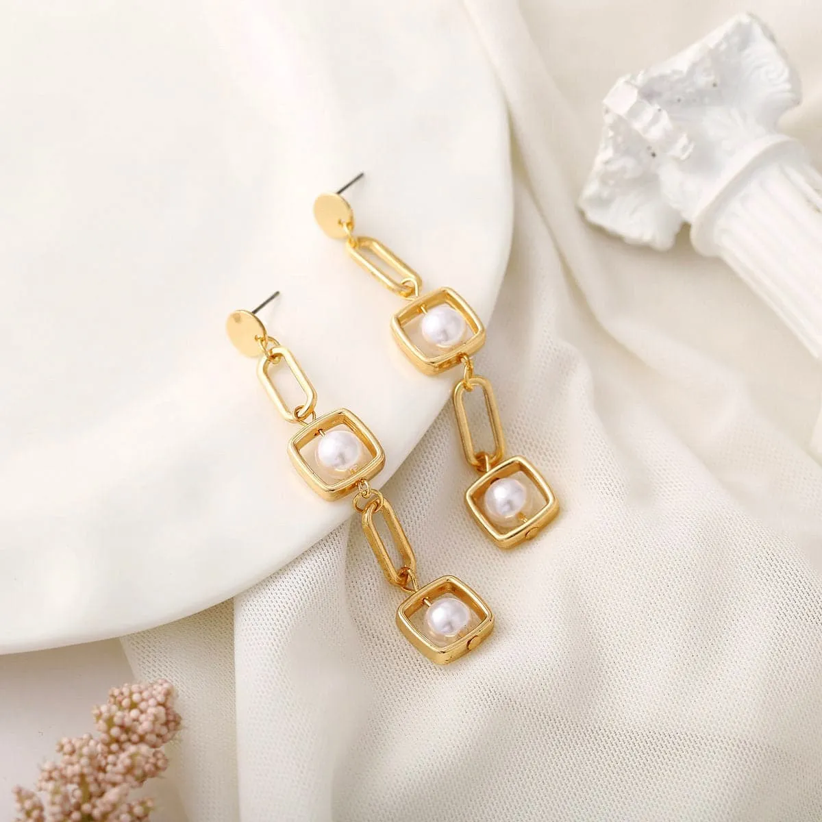 Pearl & 18K Gold-Plated Geometric Drop Earrings