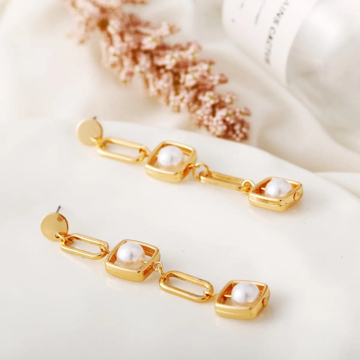 Pearl & 18K Gold-Plated Geometric Drop Earrings