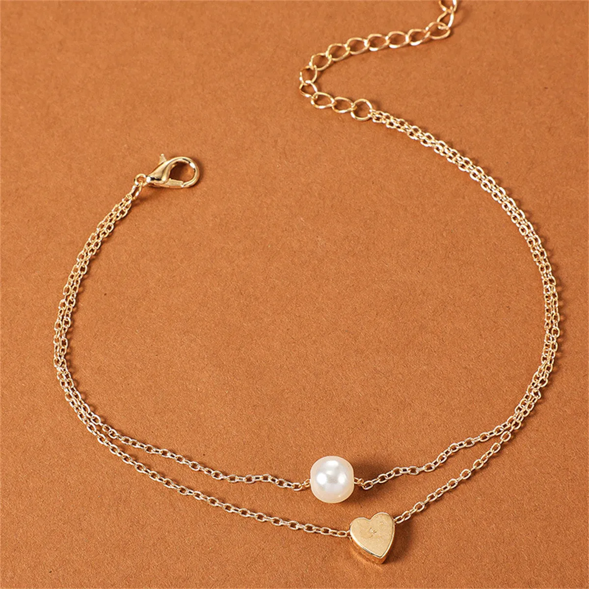 Pearl & 18K Gold-Plated Heart Layered Anklet