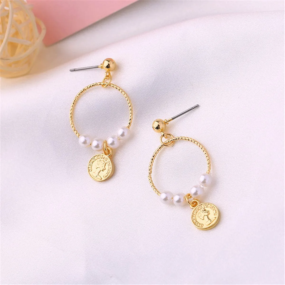 Pearl & 18K Gold-Plated Queen Coin Drop Earrings