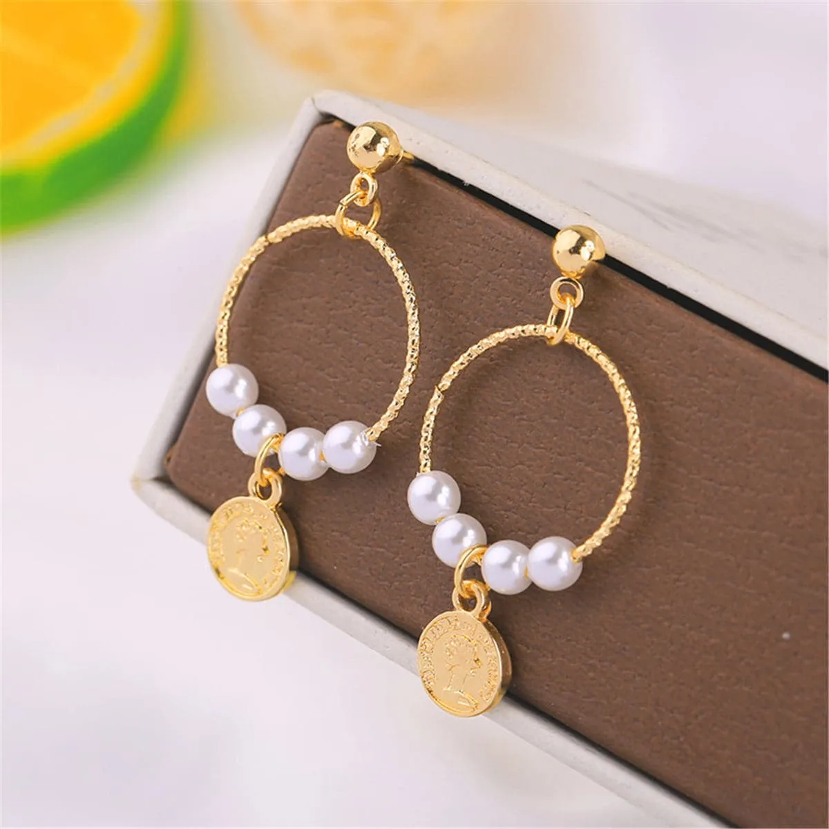 Pearl & 18K Gold-Plated Queen Coin Drop Earrings