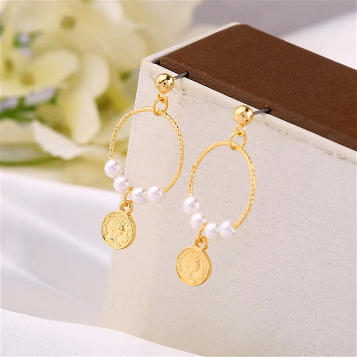 Pearl & 18K Gold-Plated Queen Coin Drop Earrings