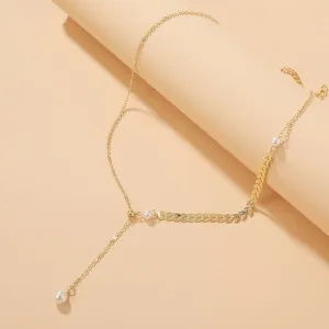 Pearl & 18K Gold-Plated Wheat-Ear Chain-Drop Necklace