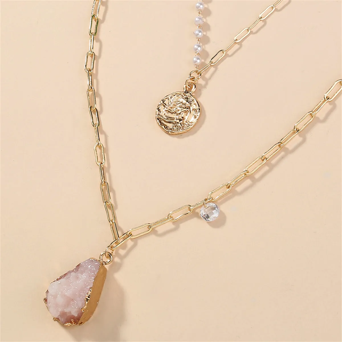 Pearl & Resin 18K Gold-Plated Coin Pendant Layered Necklace