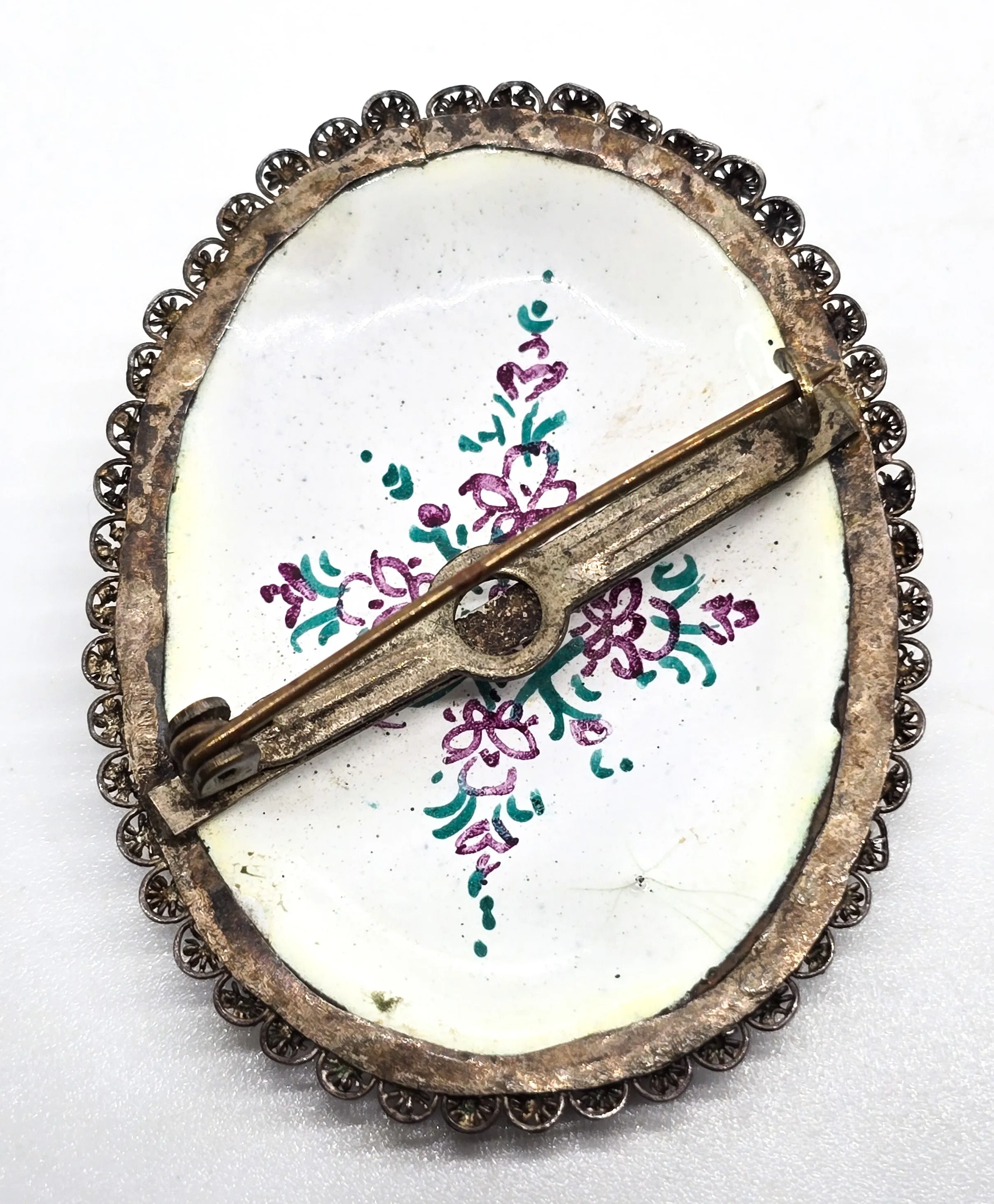 Persian enamel vessel painted flower vintage sterling silver brooch