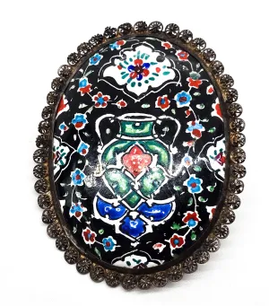 Persian enamel vessel painted flower vintage sterling silver brooch