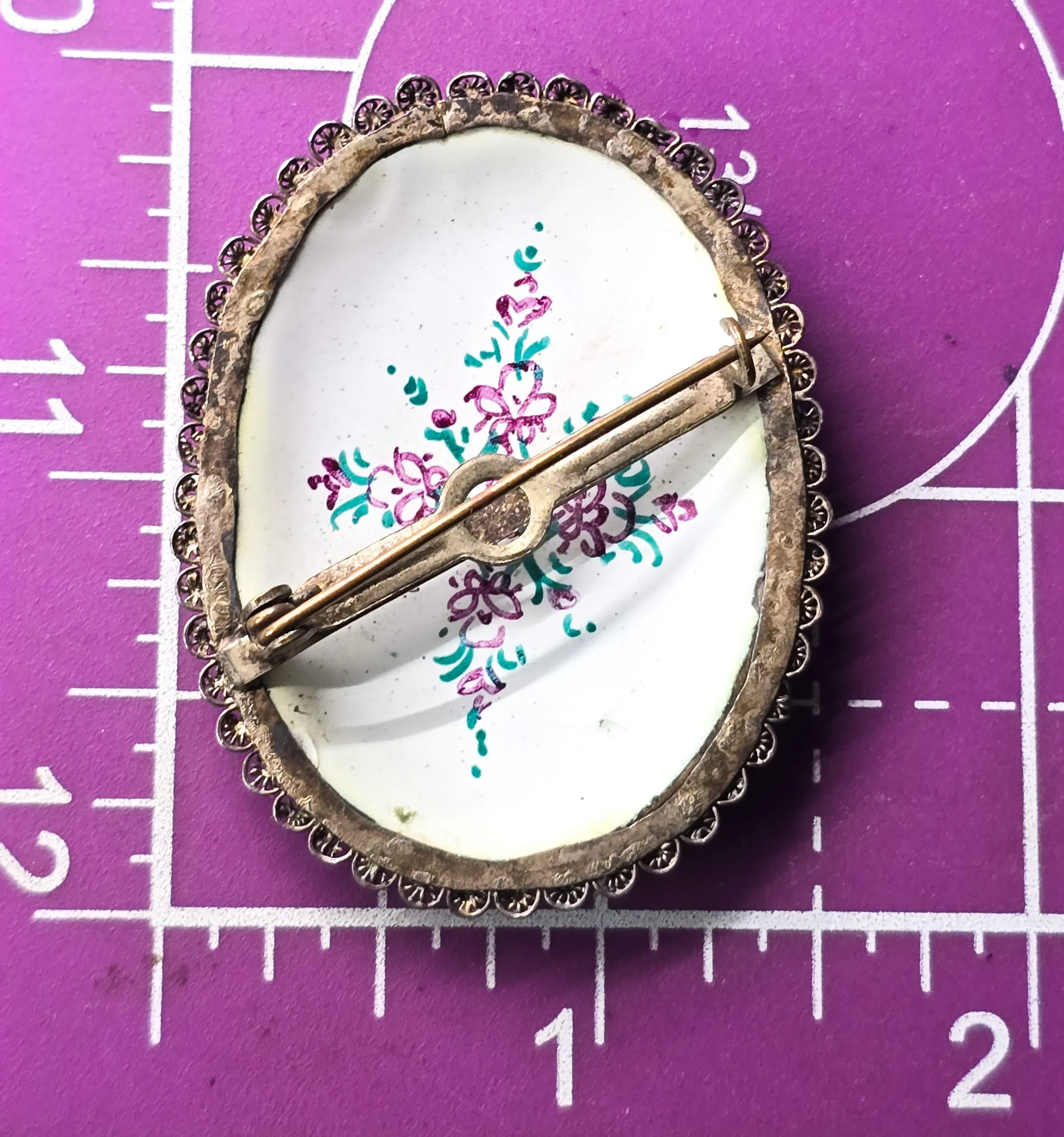 Persian enamel vessel painted flower vintage sterling silver brooch