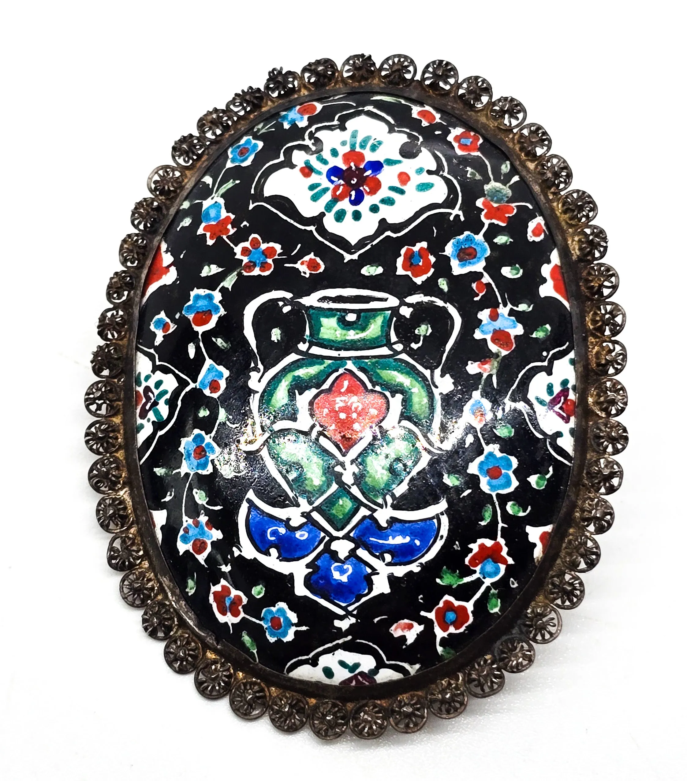 Persian enamel vessel painted flower vintage sterling silver brooch