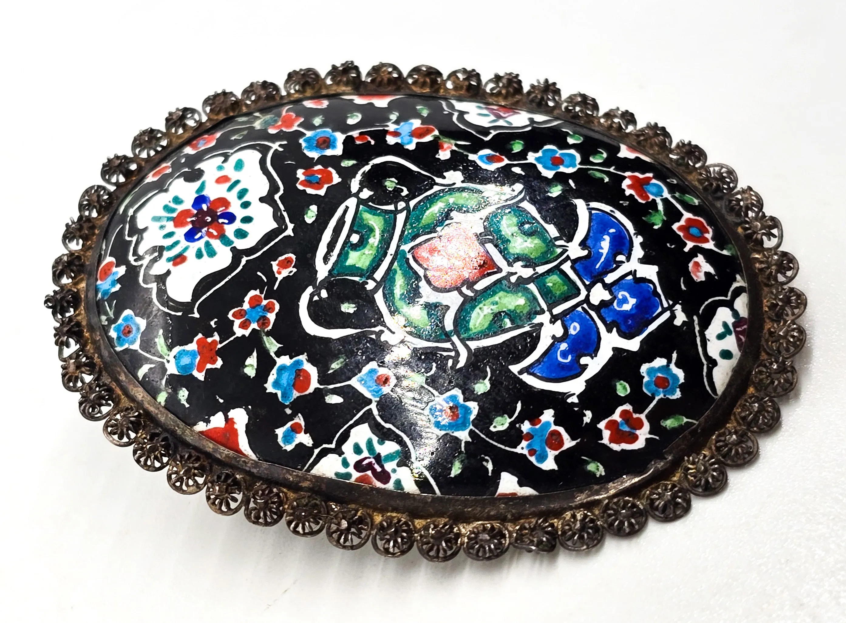 Persian enamel vessel painted flower vintage sterling silver brooch