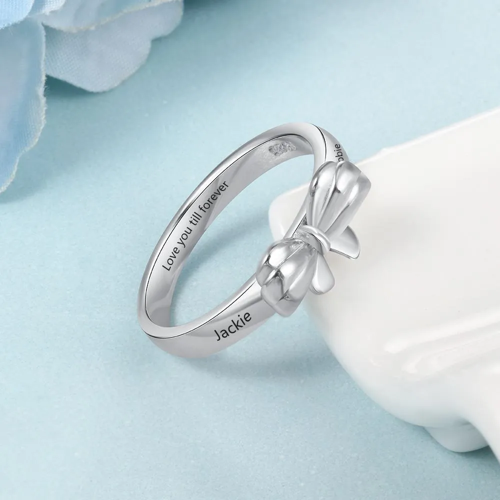 Personalized Name Engraved Bowknot Rings, Fashion Jewelry Gift for Best friends, Siblings & Parents