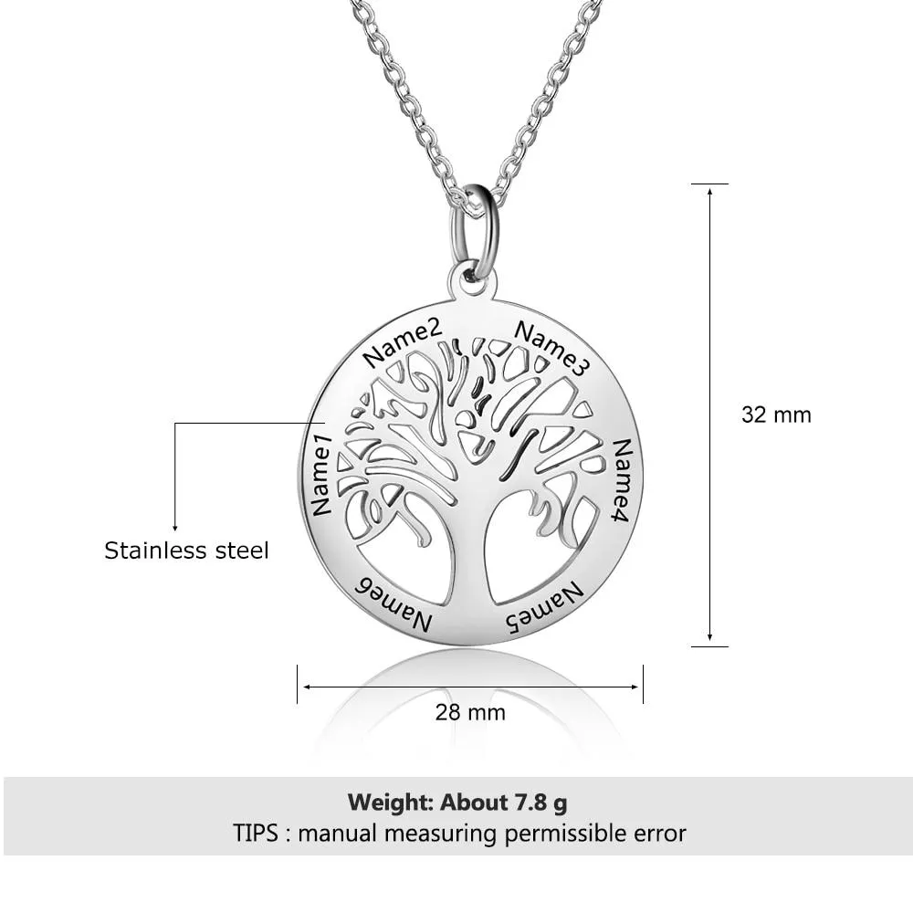Personalized Stainless Steel Tree Of Life Names Engraved Pendant Necklace, Fashion Jewelry Gift for Mom
