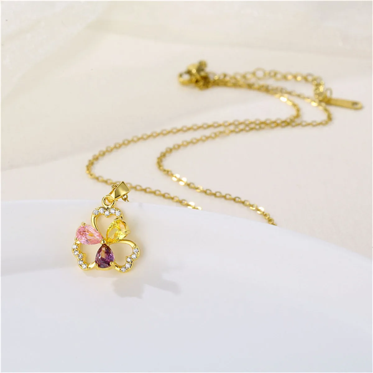 Pink & Yellow Crystal Cubic Zirconia Flower Pendant Necklace
