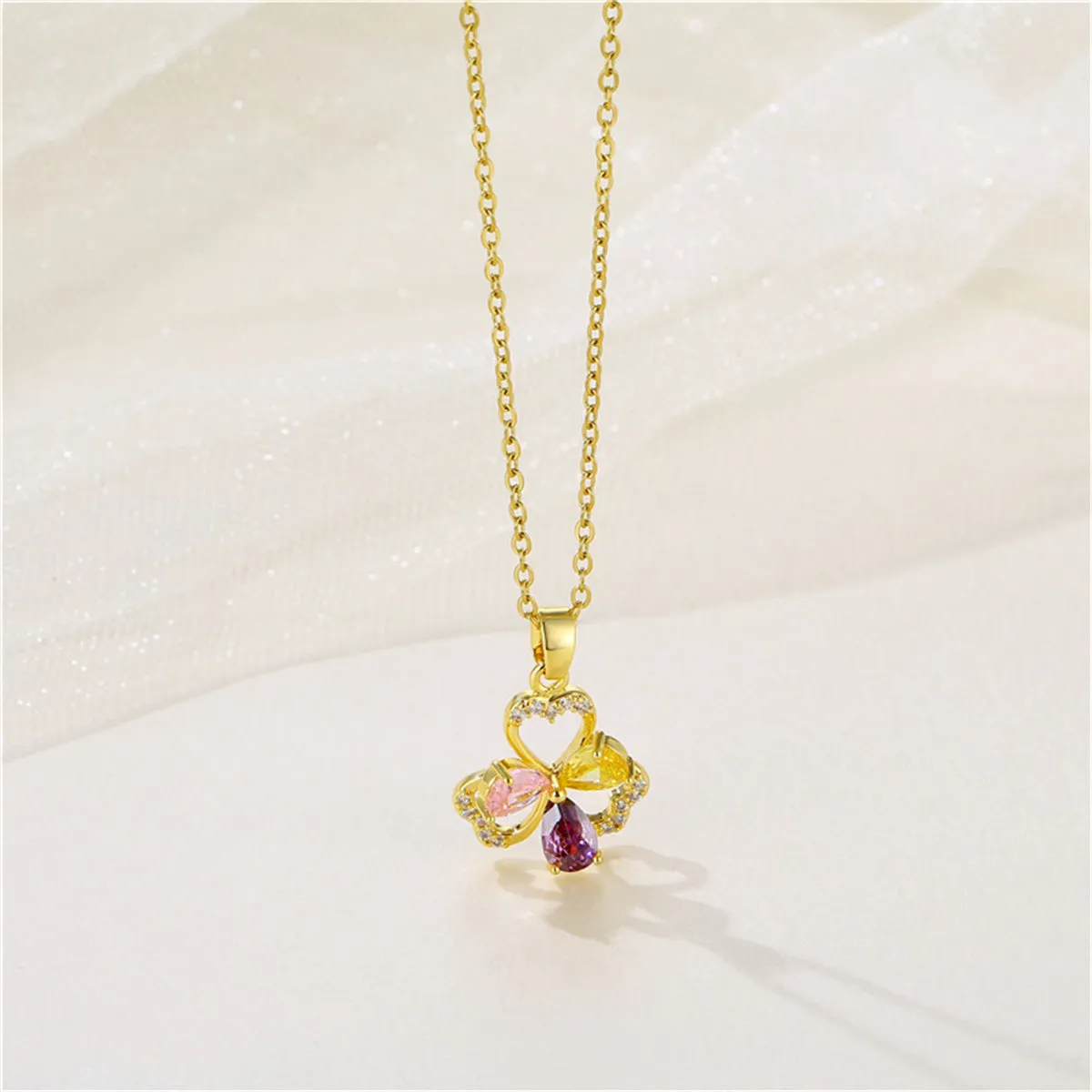 Pink & Yellow Crystal Cubic Zirconia Flower Pendant Necklace