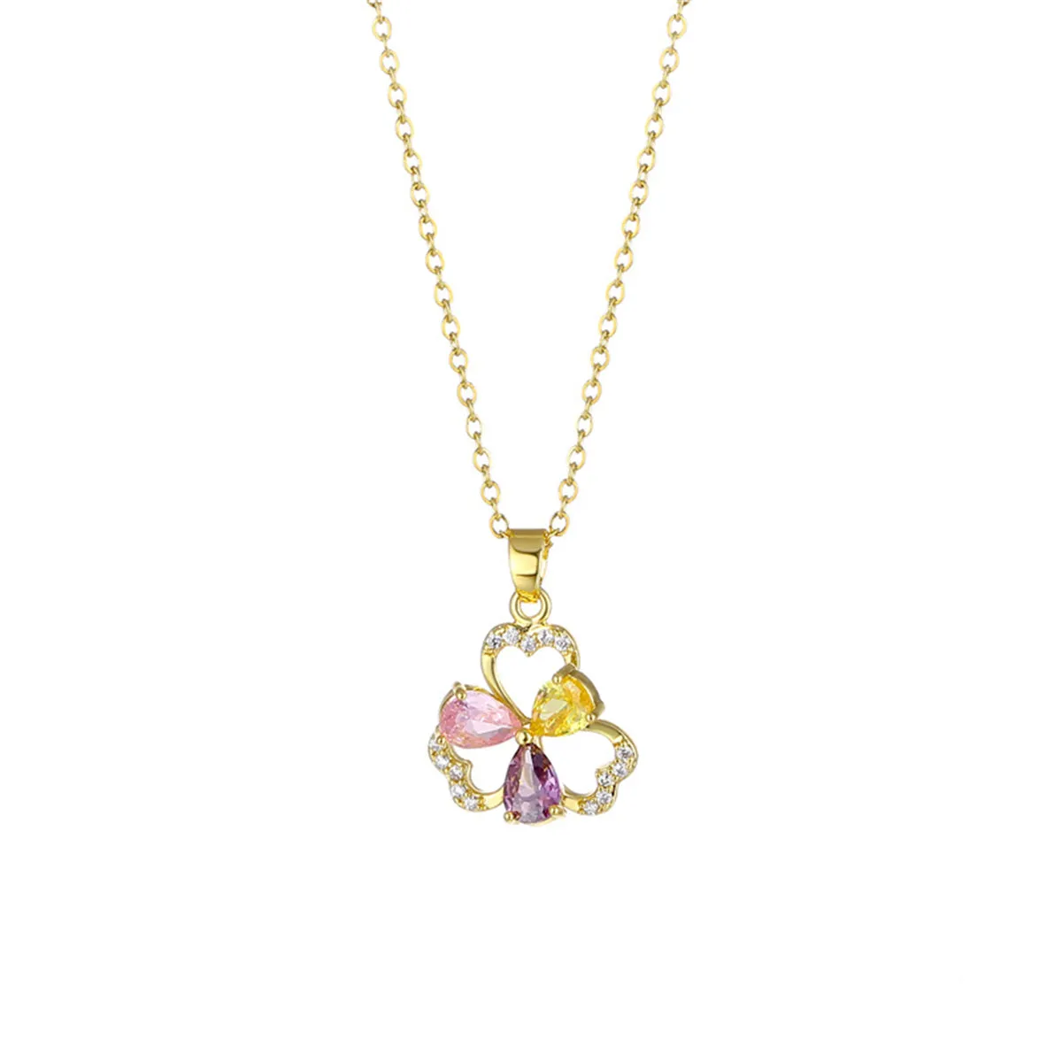 Pink & Yellow Crystal Cubic Zirconia Flower Pendant Necklace
