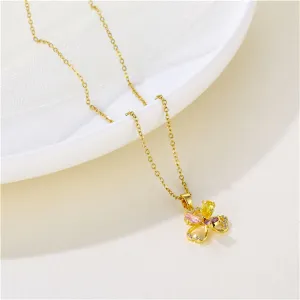 Pink & Yellow Crystal Cubic Zirconia Flower Pendant Necklace