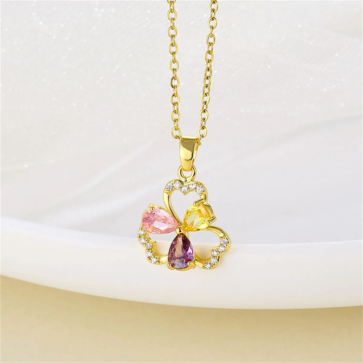 Pink & Yellow Crystal Cubic Zirconia Flower Pendant Necklace
