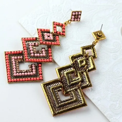 Pink Long Fashion Crystal Chandelier Earrings Retro Luxury Square Shape Womens